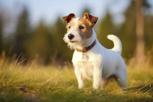 ai généré content jack Russell terrier animal de compagnie chien en attendant, écoute dans le herbe. ai généré photo