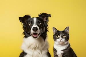 ai généré chat et chien ensemble avec content expressions sur Jaune Contexte. ai généré photo