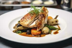 ai généré plaqué poulet rôti dîner sur une blanc assiette avec carotte et morille champignon. ai généré. photo