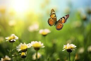 ai généré papillon en volant plus de le prairie. ai généré photo