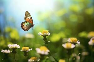 ai généré papillon en volant plus de le prairie. ai généré photo