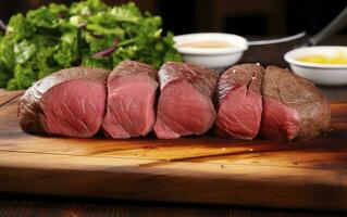 ai généré brésilien picanha nourriture sur une en bois Coupe planche. photo