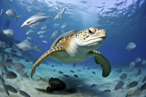 ai généré tortue fermer avec école de poisson. ai généré photo