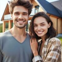 ai généré magnifique famille portrait souriant à l'extérieur leur Nouveau maison photo