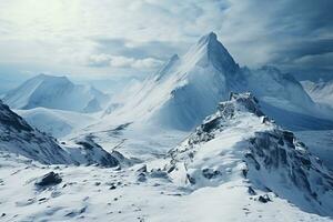 ai généré déserté enneigé Montagne de pointe à midi. parfait neige pentes. haute falaises pour planche a neige photo