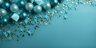 ai généré anniversaire fête bleu et or composition, petits gâteaux, des ballons, confettis, bannière concept carte cadeau, copie espace, texture Contexte photo