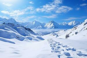 ai généré neigeux route entre majestueux montagnes. isolé glacial Montagne passer. des pierres couvert avec neige. hiver paysage photo