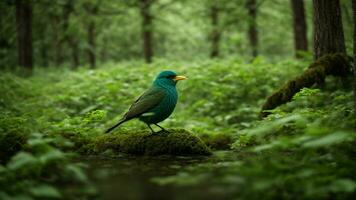 ai généré explorer le complexe symbiotique relation entre le absolu vert arbre la nature Contexte et le coloré des oiseaux cette habiter il. photo