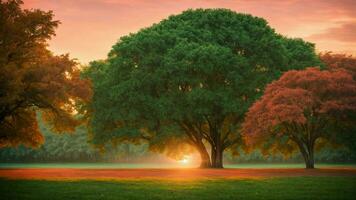 ai généré imaginer une magique moment pendant lever du soleil vert arbre la nature Contexte. photo