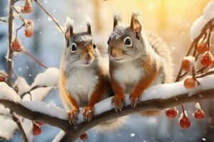 ai généré duveteux écureuils dans une fabuleux hiver forêt photo