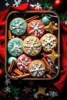 ai généré Haut vue photo de cuisson Noël biscuits ai établi