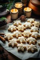 ai généré Haut vue photo de cuisson Noël biscuits ai établi