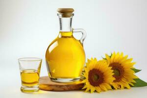 ai généré tournesols, tournesol pétrole dans une carafe et verre, isolé sur une blanc Contexte. généré par ai contenu. photo