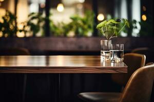 ai généré élégant minimaliste table réglage dans haut de gamme restaurant avec doux bokeh Contexte photo