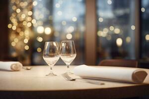 ai généré élégant minimaliste table réglage dans haut de gamme restaurant avec doux bokeh Contexte photo