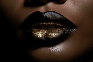 ai généré noir les femmes lèvres avec or briller Couleur rouge à lèvres proche en haut macro détail, beauté coup photo