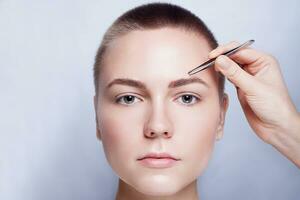 Jeune femme avec court cheveux cueillette les sourcils pince à épiler proche en haut photo