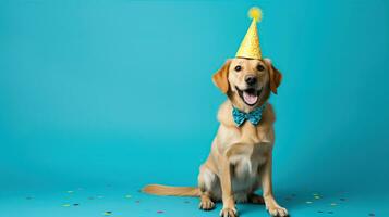 ai généré content chien portant une fête chapeau, célébrer à une anniversaire faire la fête. génératif ai photo