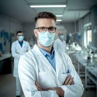 ai généré médecin dans une blanc manteau. il est très amical et prêt à Aidez-moi photo