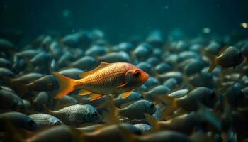 ai généré une école de coloré poisson nager dans une tropical récif généré par ai photo