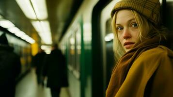 ai généré Jeune femme attendre dans métro station ai généré photo