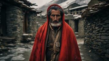 ai généré Montagne villageois dans traditionnel rouge manteau ai généré photo