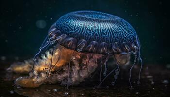 ai généré sous-marin beauté bleu mer, poisson, tentacules, piqûre cnidaire, tropical récif généré par ai photo