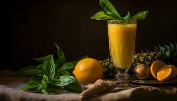 ai généré fraîcheur de biologique fruit et légume sur rustique en bois table généré par ai photo