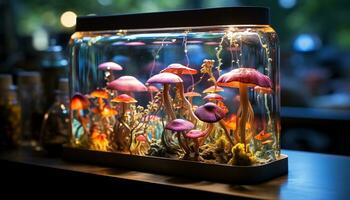 ai généré sous-marin poisson réservoir vitrines multi coloré aquatique collection dans transparent verre généré par ai photo