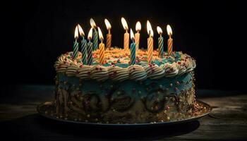 ai généré anniversaire fête avec une Chocolat dessert, bougie brûlant sur gâteau généré par ai photo