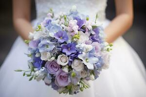 ai généré de mariée harmonie pervenche élégance capturé avec bouquet photo