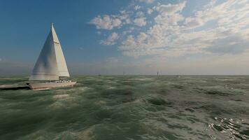 ai généré mer plage et bleu ciel calme et paisible la nature avec voile bateaux photo