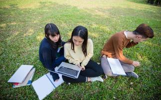 groupe d'étudiants universitaires asiatiques assis sur l'herbe verte travaillant et lisant dehors ensemble dans un parc