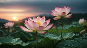 ai généré décris le délicat déploiement de une lotus fleur à le Pause de aube. photo