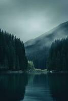 ai généré une Lac dans le montagnes avec des arbres dans le arrière-plan, photo