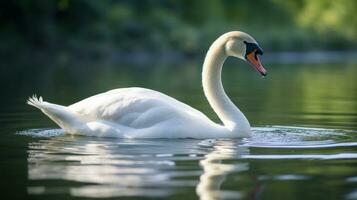 ai généré une magnifique cygne nager gracieusement sur une calme Lac photo