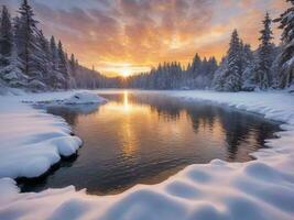 ai généré scénique vue de congelé Lac contre ciel pendant hiver photo