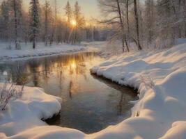 ai généré scénique vue de congelé Lac contre ciel pendant hiver photo