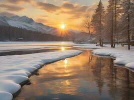 ai généré scénique vue de congelé Lac contre ciel pendant hiver photo