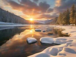 ai généré scénique vue de congelé Lac contre ciel pendant hiver photo