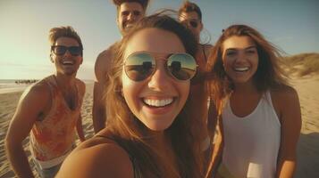 ai généré une groupe de gens prise une selfie sur le plage photo