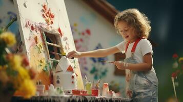 ai généré une peu fille est La peinture sur une chevalet photo