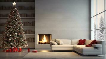 ai généré Noël arbre dans moderne vivant pièce avec cheminée minimaliste scandinave style de intérieur photo