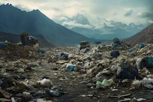 ai généré grand pile de des ordures et mis au rebut articles en dessous de une orageux ciel. une décharge avec canettes, bouteilles et autre poubelle. idéal pour déchets gestion, environnement ou lié à la pollution contenu photo