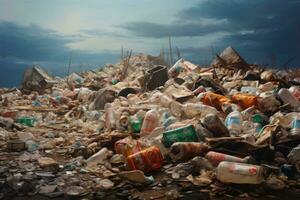 ai généré grand pile de des ordures et mis au rebut articles en dessous de orageux ciel. une décharge avec canettes, bouteilles et autre poubelle. idéal pour déchets gestion, environnement ou lié à la pollution contenu photo