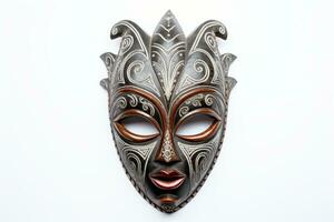 ai généré carnaval masque pour le festival. africain ethnique rituel masque isolé sur blanc Contexte. en bois tribal masque de guerrier avec sculpté ornements. traditions et douane de Afrique photo