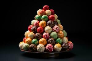 ai généré Chocolat sucettes formant une vacances arbre afficher, Noël Contexte photo