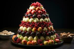 ai généré créer une sucré fête avec une Noël arbre de Chocolat plongé fruit brochettes, Noël fond d'écran photo