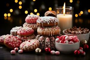 ai généré pain d'épice maison pièce maîtresse entouré par un assortiment de Noël biscuits et vibrant des sucreries, Noël Contexte photo