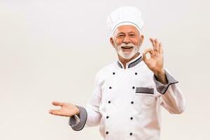 portrait de Sénior chef montrant paume de main et D'accord signe sur gris Contexte. photo